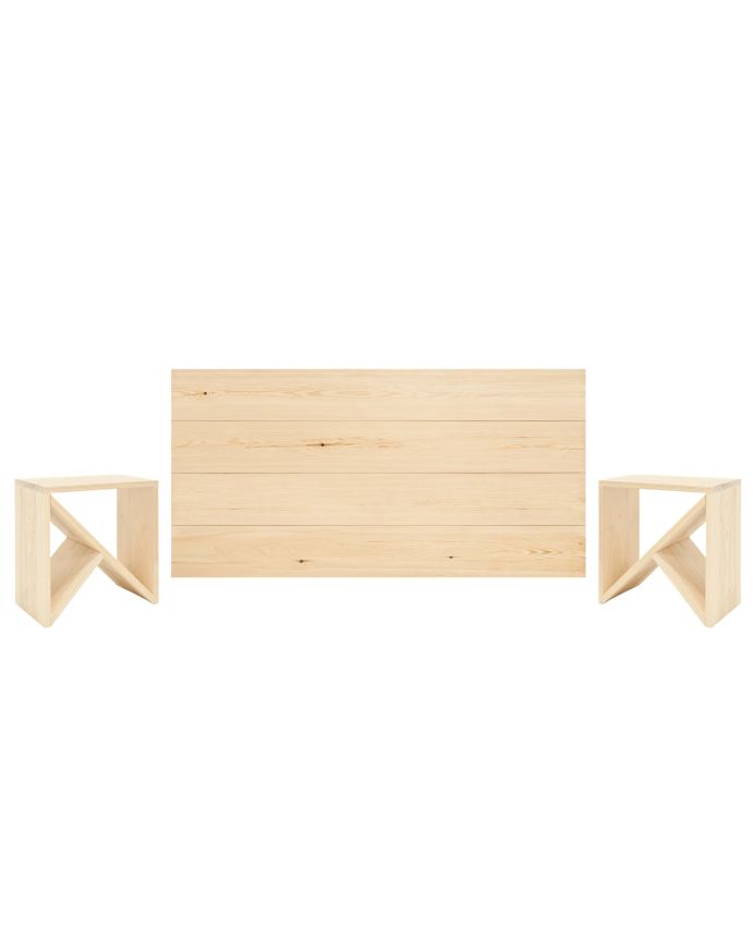 Deco wood Pack cabecero y mesitas de madera maciza en tono natural de 140cm