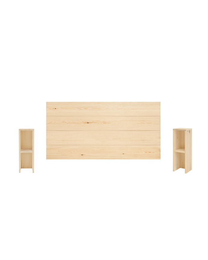 Deco wood Pack cabecero y mesitas de madera maciza en tono natural de 140cm