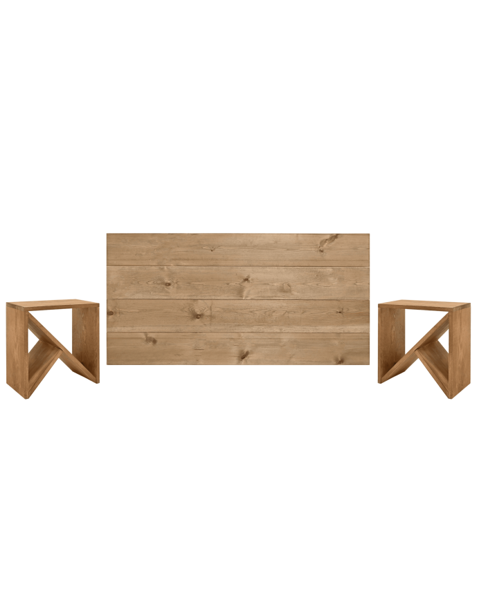 Deco wood Pack cabecero y mesitas de madera maciza en tono roble oscuro de 140cm