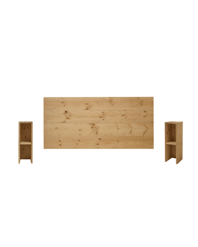 Deco wood Pack cabecero y mesitas de madera maciza en tono roble medio de 140cm