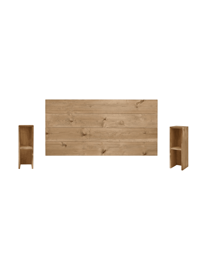 Deco wood Pack cabecero y mesitas de madera maciza en tono roble oscuro de 140cm