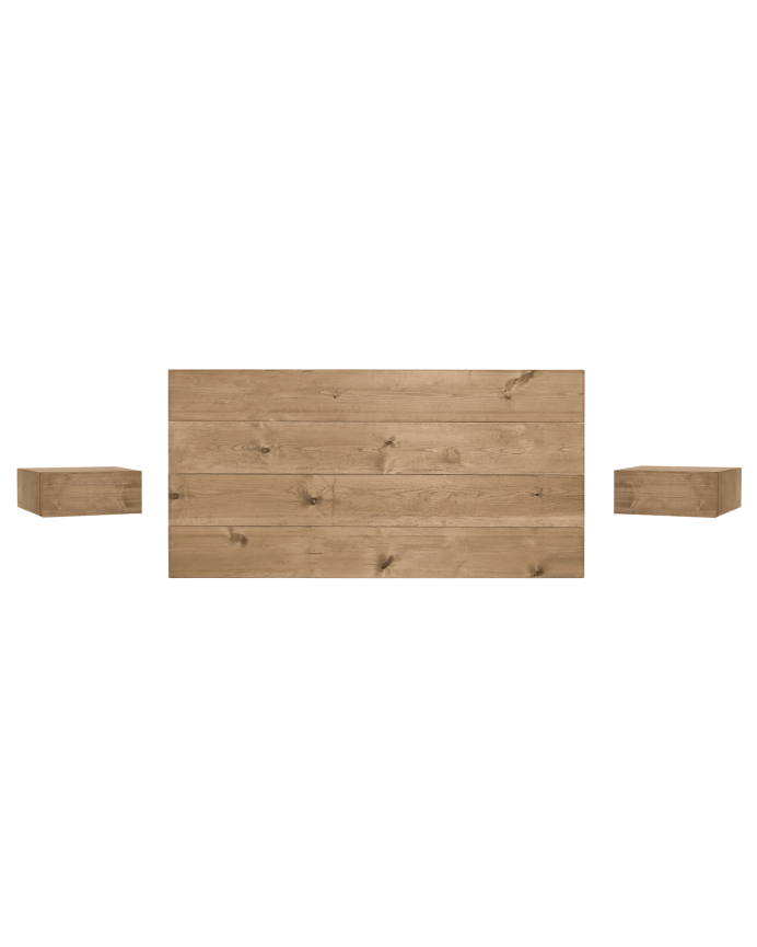 Deco Wood Pack Cabecero Y Mesitas Flotantes De Madera Maciza En Tono Roble Oscuro De 140cm