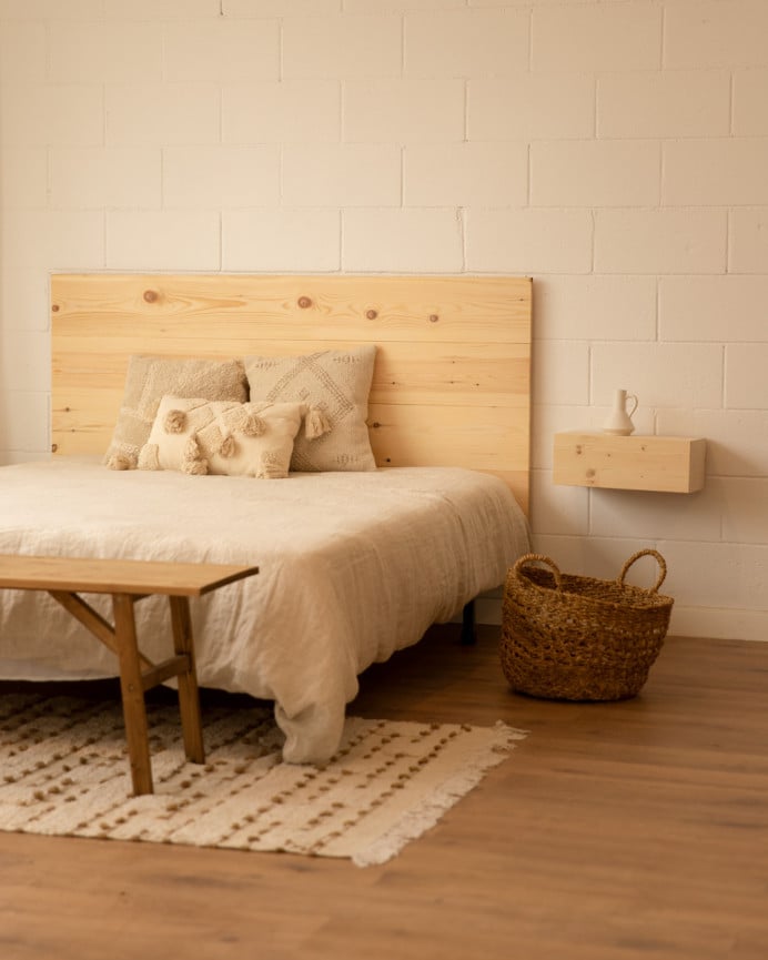 Deco Wood Pack Cabecero Y Mesitas Flotantes De Madera Maciza En Tono Natural De 140cm