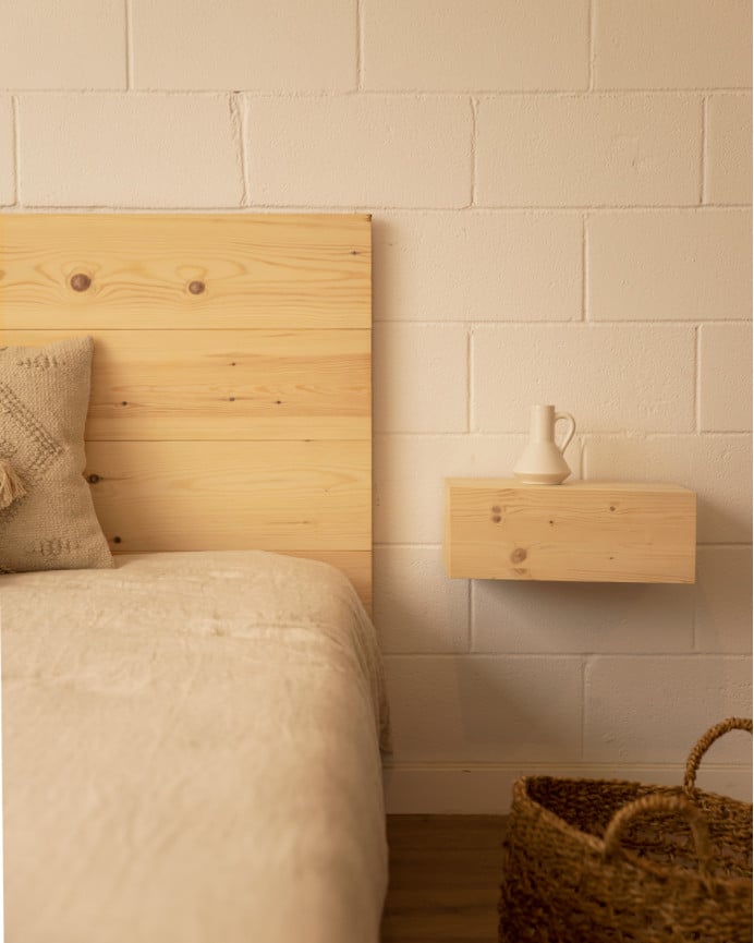 Deco Wood Pack Cabecero Y Mesitas Flotantes De Madera Maciza En Tono Natural De 140cm