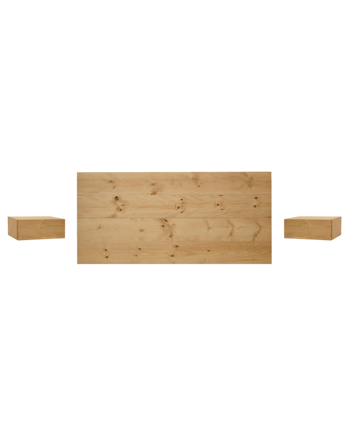 Deco wood Pack cabecero y mesitas flotantes de madera maciza en tono roble medio de 140cm