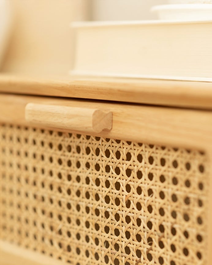 Deco Wood Pack De 2 Mesitas De Madera De Caucho Con Dos Cajones Y Frontal Elaborado Con Rejilla De Cannage De 54x40cm