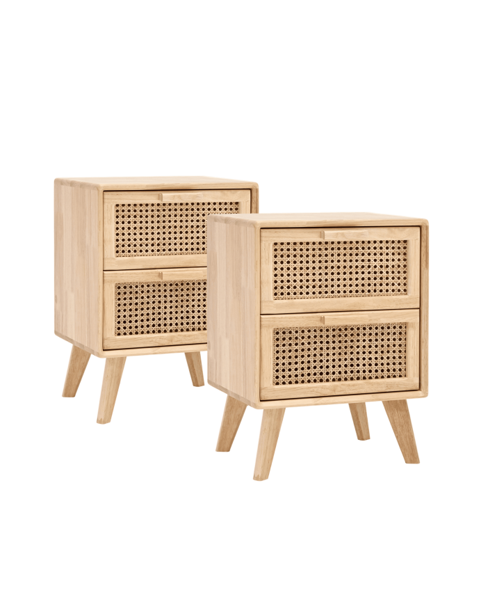 Deco wood Pack de 2 mesitas de madera de caucho con dos cajones y frontal elaborado con rejilla de cannage de 54x40cm