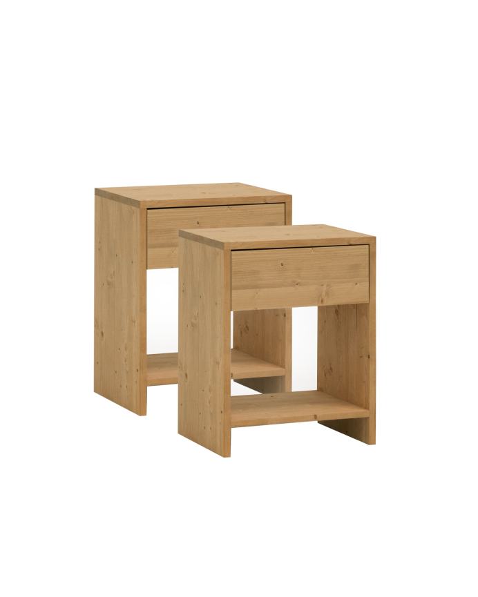 Deco wood Pack de 2 mesitas de noche de madera maciza con un cajón en tono roble medio de 40x40cm