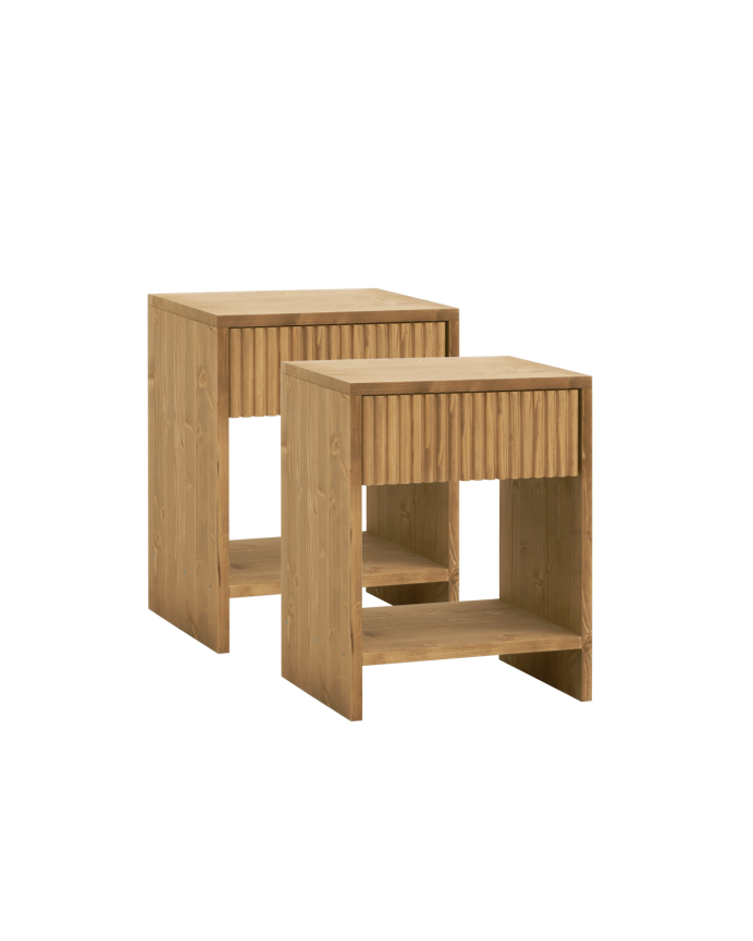 Deco wood Pack de 2 mesitas de noche de madera maciza con un cajón en tono roble medio de 40x40cm