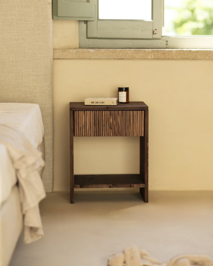 Deco Wood Pack De 2 Mesitas De Noche De Madera Maciza Con Un Cajón En Tono Nogal De 40x40cm