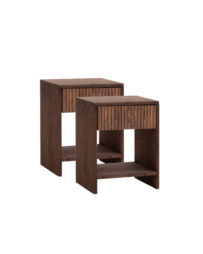Deco wood Pack de 2 mesitas de noche de madera maciza con un cajón en tono nogal de 40x40cm