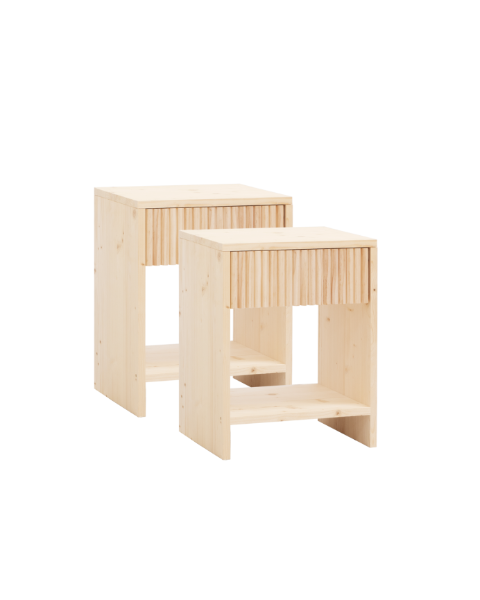 Deco wood Pack de 2 mesitas de noche de madera maciza con un cajón en tono natural de 40x40cm