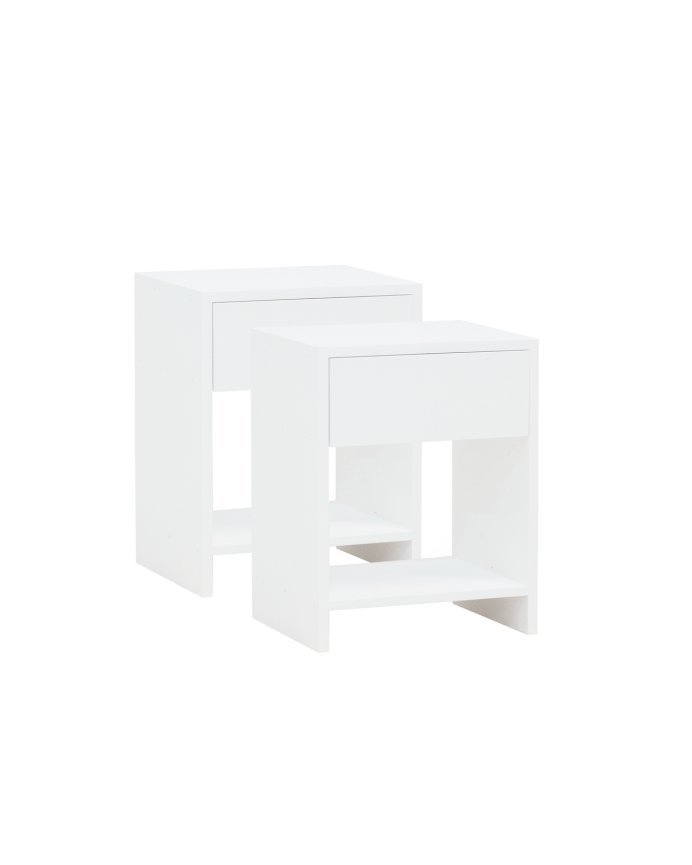 Deco wood Pack de 2 mesitas de noche de madera maciza con un cajón en tono blanco de 40x40cm