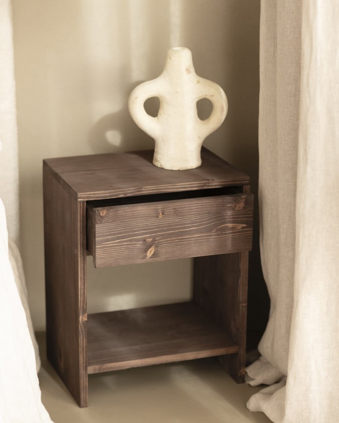 Deco Wood Pack De 2 Mesitas De Noche De Madera Maciza Con Un Cajón En Tono Nogal De 40x40cm