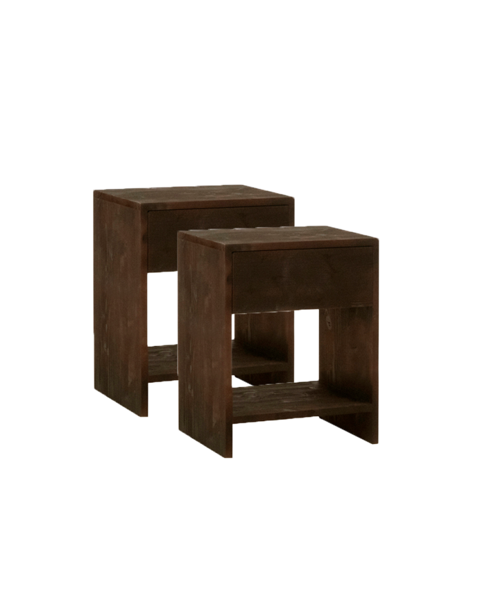 Deco wood Pack de 2 mesitas de noche de madera maciza con un cajón en tono nogal de 40x40cm