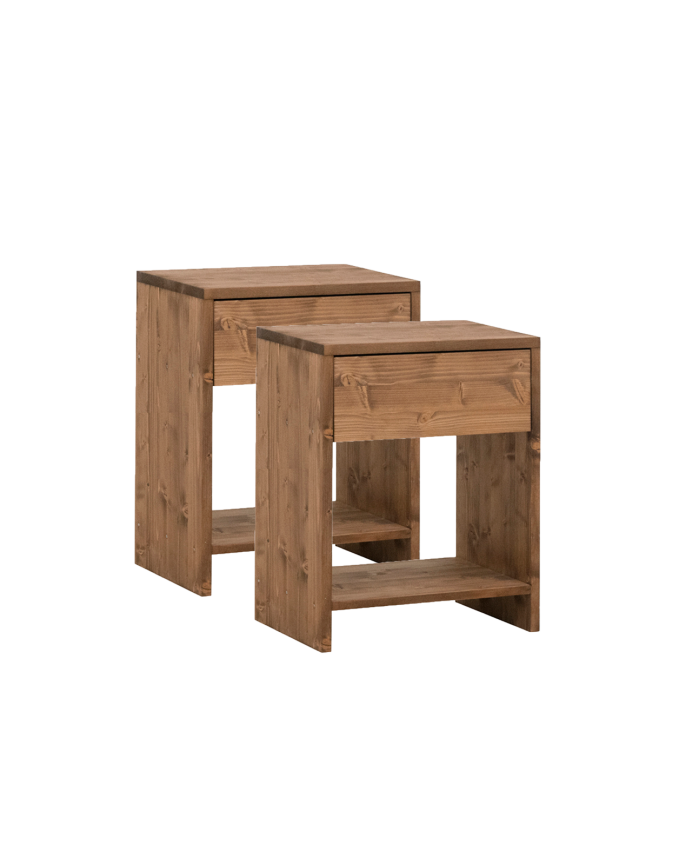 Deco wood Pack de 2 mesitas de noche de madera maciza con un cajón en tono roble oscuro de 40x40cm