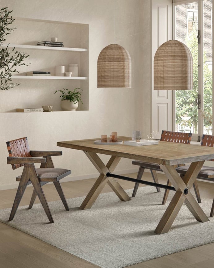 Deco Wood Pack De 6 Sillas De Madera Maciza Con Respaldo Trenzado En Tono Nogal De 80cm