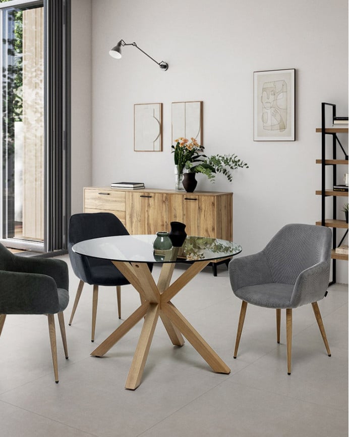 Deco Wood Pack De 6 Sillas De Pana Color Gris Con Patas De Metal Tono Roble De 91cm