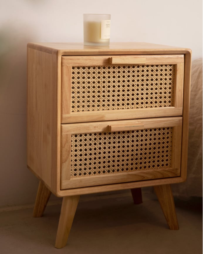 Deco Wood Pack De Cabecero Tapizado Tono Beige De 135cm Y 2 Mesitas De Noche De Madera Maciza Tono Natural De 54x40cm