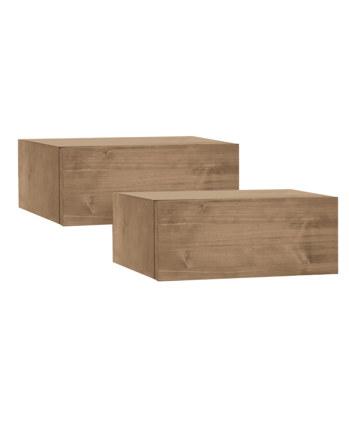 Deco wood Pack de dos mesitas de noche de madera maciza flotante en tono roble oscuro de 40cm