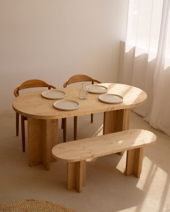 Deco Wood Pack Mesa De Comedor Ovalada Y Banco De Madera Maciza En Tono Roble Medio De 160cm