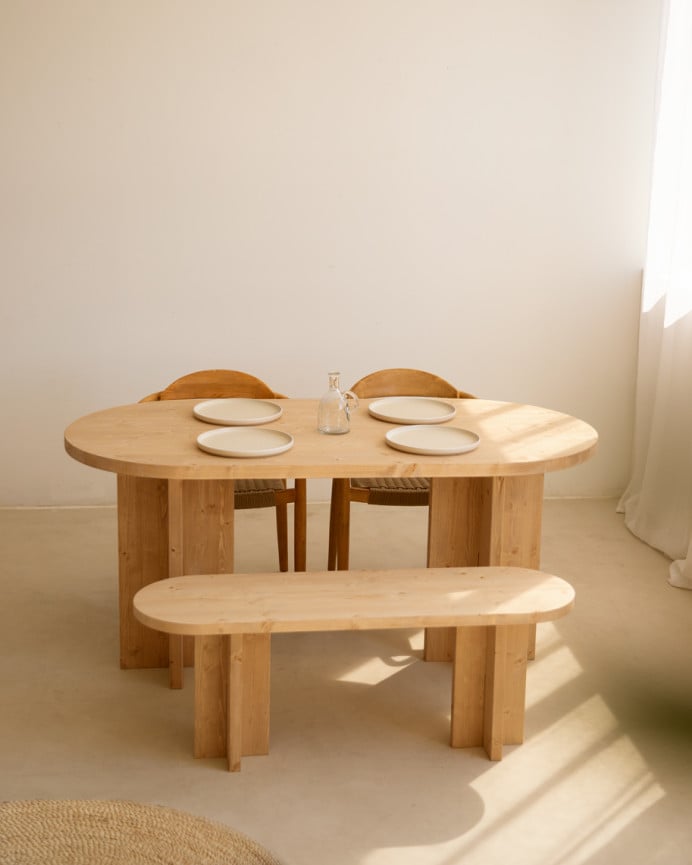 Deco Wood Pack Mesa De Comedor Ovalada Y Banco De Madera Maciza En Tono Roble Medio De 160cm
