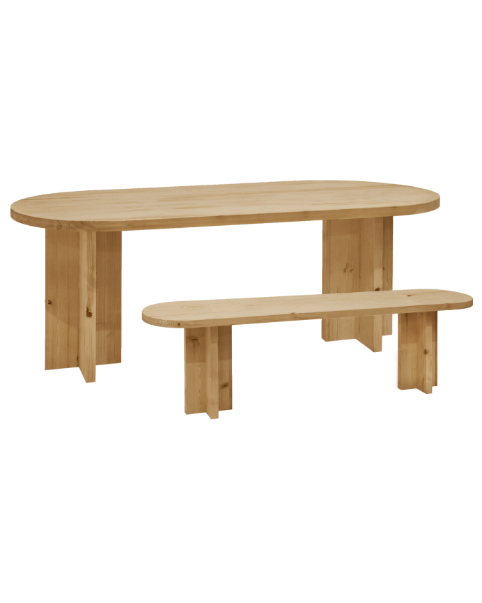 Deco wood Pack mesa de comedor ovalada y banco de madera maciza en tono roble medio de 160cm