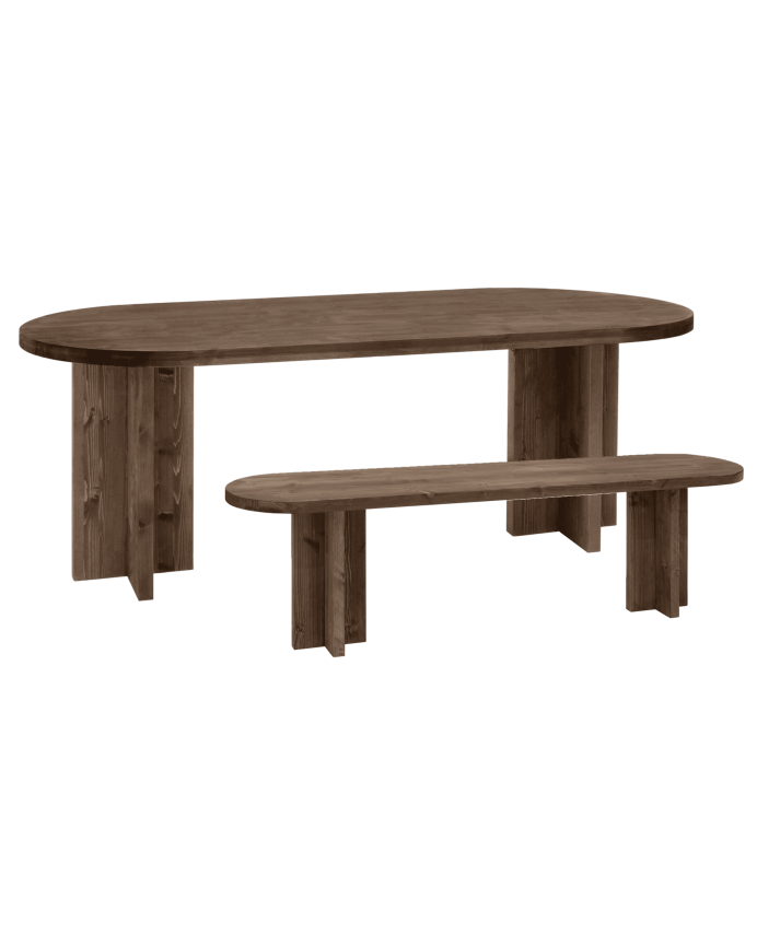 Deco wood Pack mesa de comedor ovalada y banco de madera maciza en tono nogal de 160cm