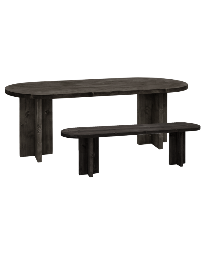 Deco Wood Pack Mesa De Comedor Ovalada Y Banco De Madera Maciza En Tono Negro De 160cm