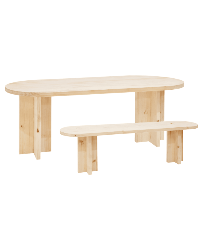 Deco wood Pack mesa de comedor ovalada y banco de madera maciza en tono natural de 160cm