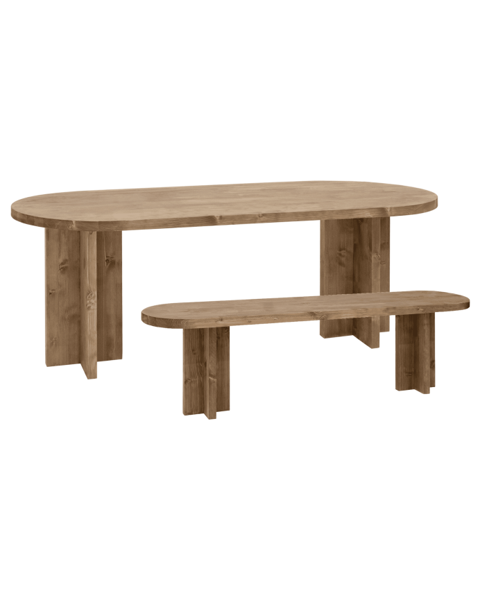 Deco wood Pack mesa de comedor ovalada y banco de madera maciza en tono roble oscuro de 160cm
