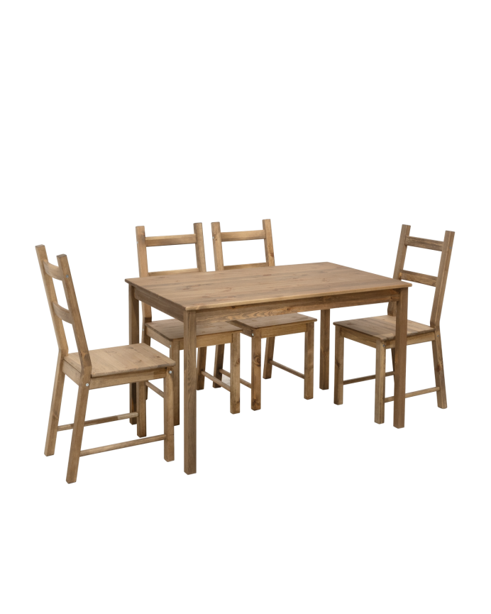Deco wood Pack mesa de comedor y 4 sillas de madera maciza en tono roble oscuro de 120cm