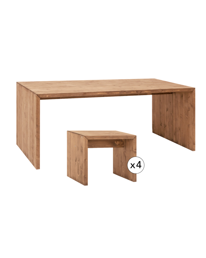 Deco Wood Pack Mesa De Comedor Y 4 Taburetes De Madera Maciza En Tono Roble Oscuro De 120cm