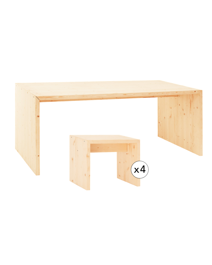 Deco wood Pack mesa de comedor y 4 taburetes de madera maciza en tono natural de 120cm