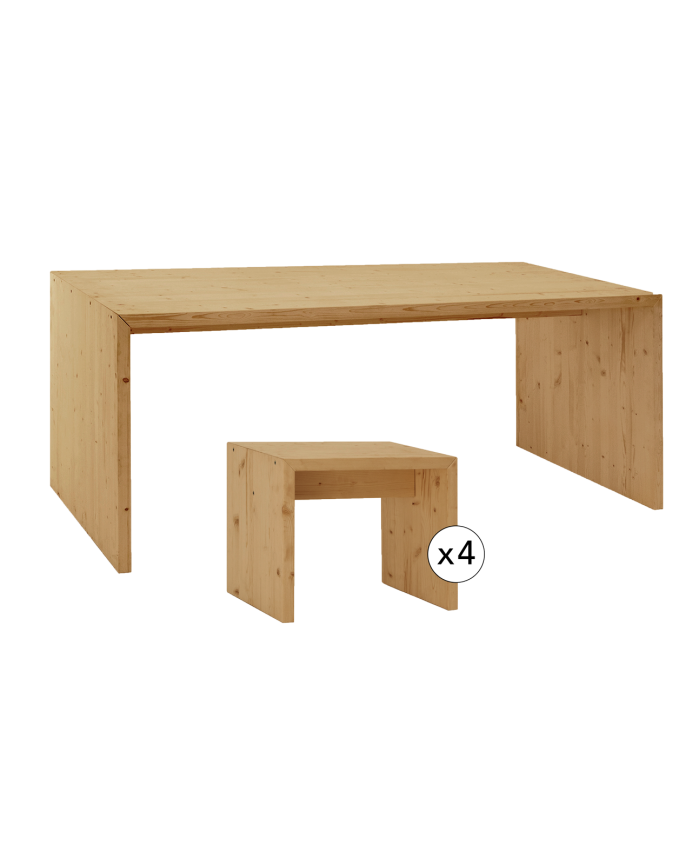 Deco wood Pack mesa de comedor y 4 taburetes de madera maciza en tono roble medio de 120cm
