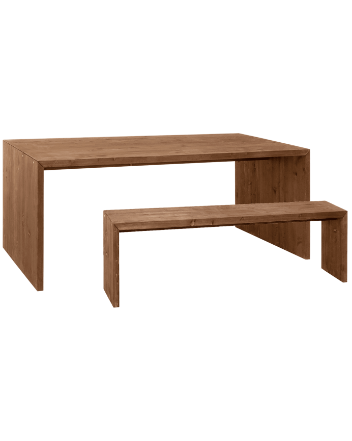 Deco wood Pack mesa de comedor y banco de madera maciza en tono nogal de 160cm