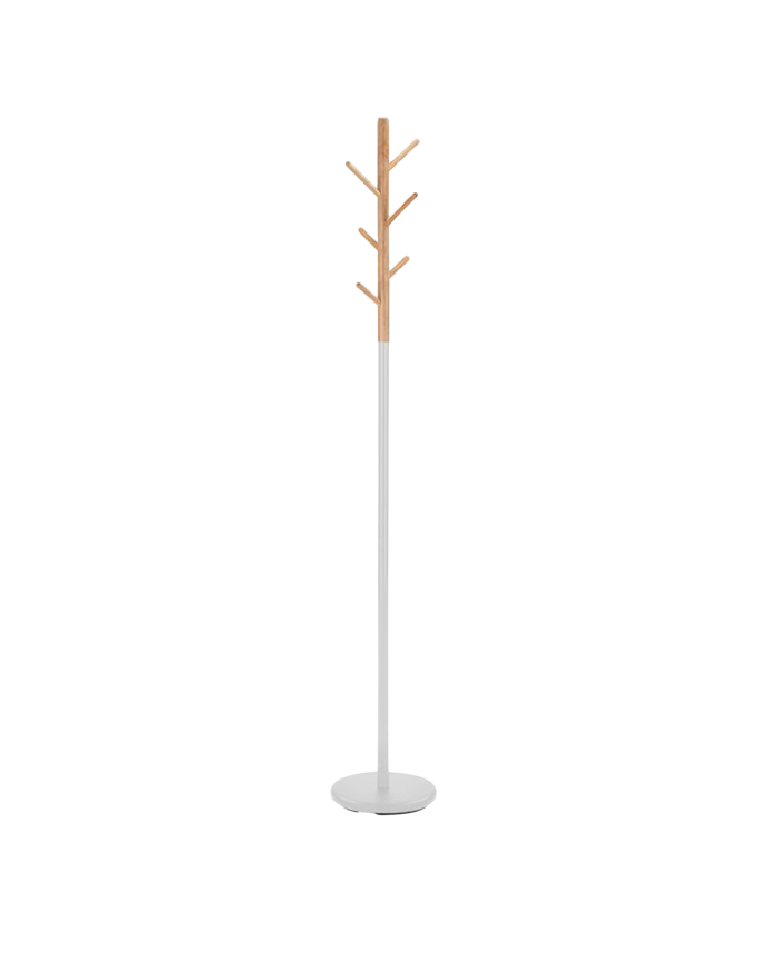 Deco wood Perchero pie de estructura de metal blanco con brazos de madera en acabado natural