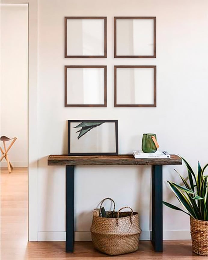 Deco Wood Set De 4 Espejos De Pared Cuadrados De Madera Tono Nogal De 30x30cm