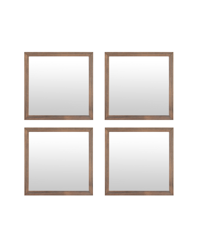 Deco wood Set de 4 espejos de pared cuadrados de madera tono nogal de 30x30cm