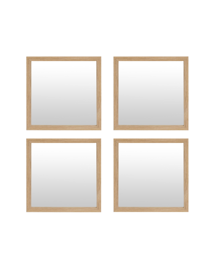 Deco wood Set de 4 espejos de pared cuadrados de madera tono natural de 30x30cm