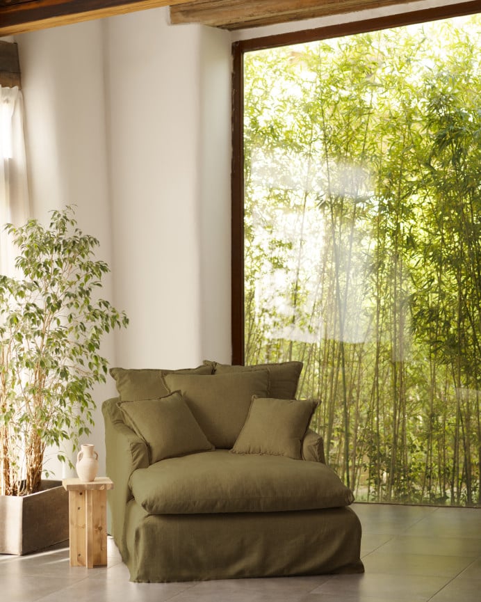 Deco Wood Sillón De Algodón Y Lino Color Verde De 115x170cm