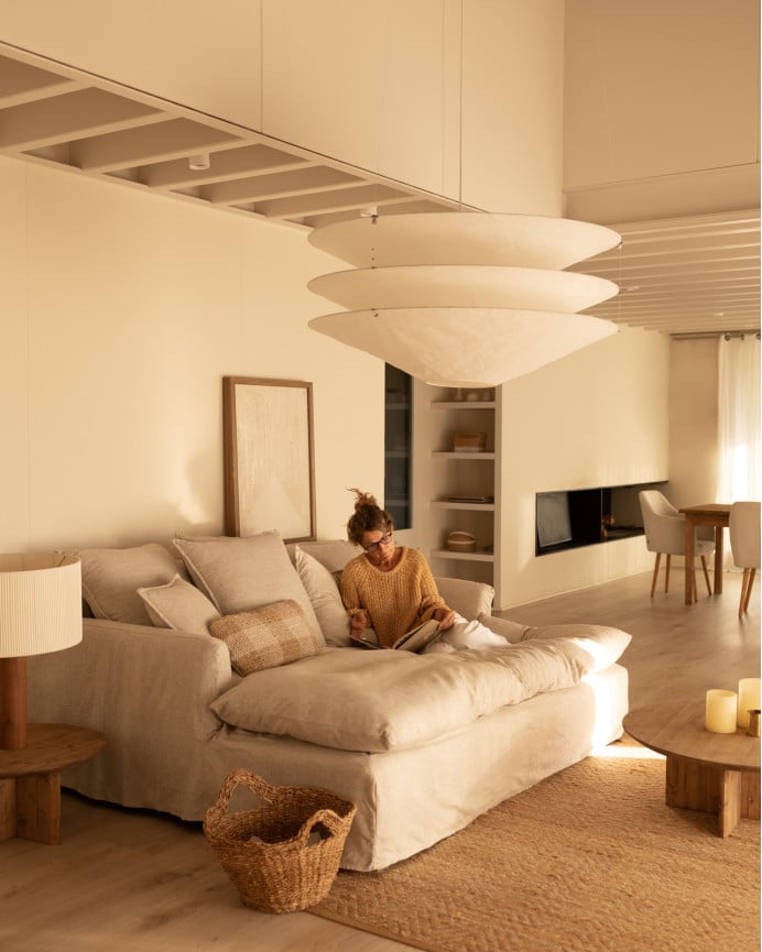 Deco Wood Sofá De 2 Plazas Fondo Largo De Algodón Y Lino Desenfundable Color Beige 200x170cm