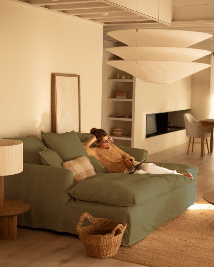 Deco Wood Sofá De 2 Plazas Fondo Largo De Algodón Y Lino Desenfundable Color Verde 200x170cm