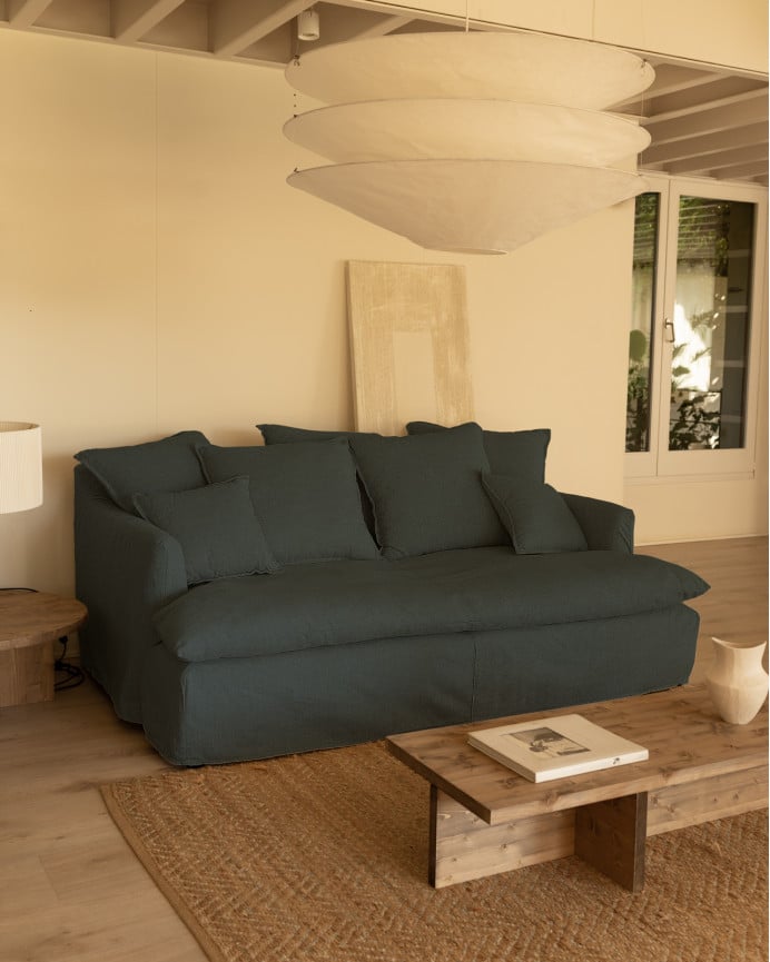 Deco Wood Sofá De 2 Plazas Fondo Medio De Algodón Y Lino Desenfundable Color Azul 200x130cm