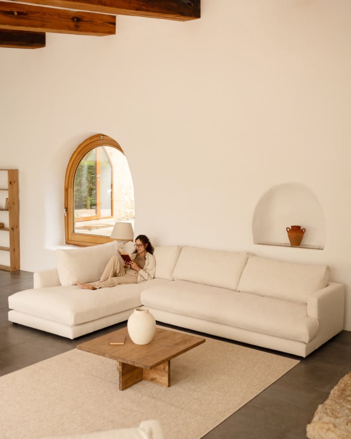 Deco Wood Sofá De 3/4 Plazas Con Chaise Longue Izquierdo Tono Blanco Roto De 275cm