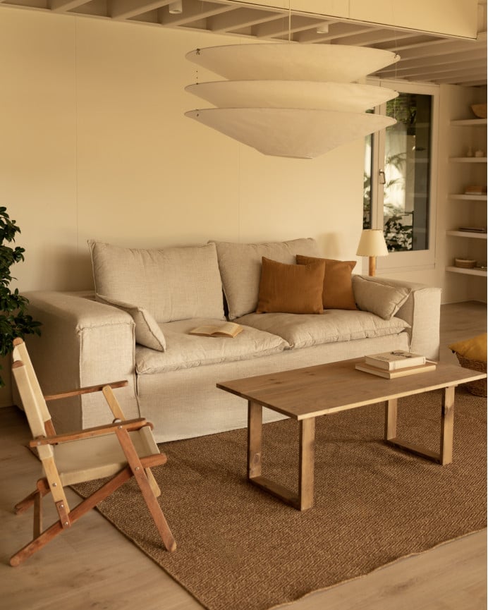 Deco Wood Sofá De 3/4 Plazas De Lino Desenfundable Color Beige 210x110cm