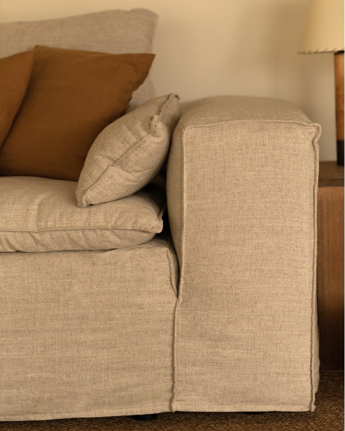 Deco Wood Sofá De 3/4 Plazas De Lino Desenfundable Color Beige 210x110cm