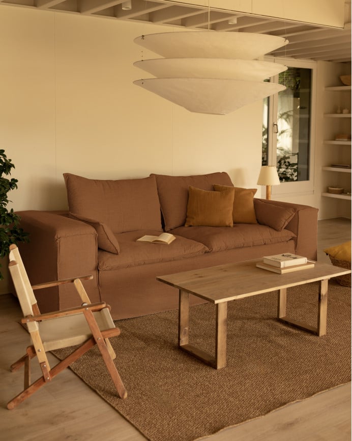 Deco Wood Sofá De 3/4 Plazas De Lino Desenfundable Color Teja 210x110cm