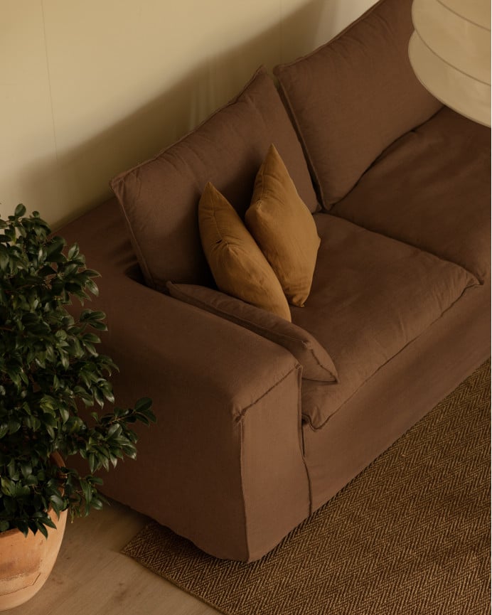 Deco Wood Sofá De 3/4 Plazas De Lino Desenfundable Color Teja 210x110cm