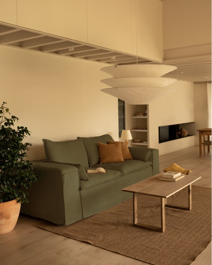 Deco Wood Sofá De 3/4 Plazas De Lino Desenfundable Color Verde 210x110cm